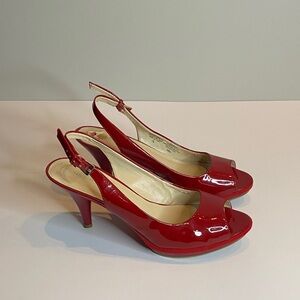 Patent red leather sling back heels